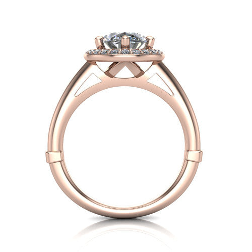 Journey oval halo engagement ring in 18K Rose Gold, through-finger front profile showing the halo head and the pierced cathedral gallery above a smooth band