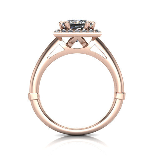 Journey princess halo engagement ring in 14K Rose Gold, through-finger front profile showing the halo head and the pierced cathedral gallery above a smooth band