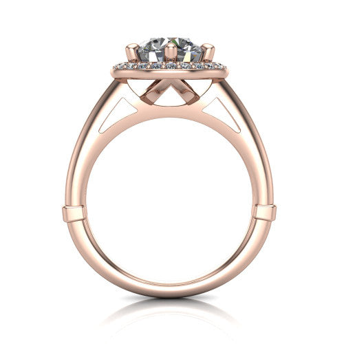 Journey round halo engagement ring in 18K Rose Gold, through-finger front profile showing the halo head and the pierced cathedral gallery above a smooth band