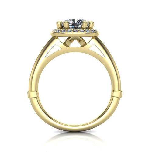 Journey cushion halo engagement ring in 14K Yellow Gold, through-finger front profile showing the halo head and the pierced cathedral gallery above a smooth band