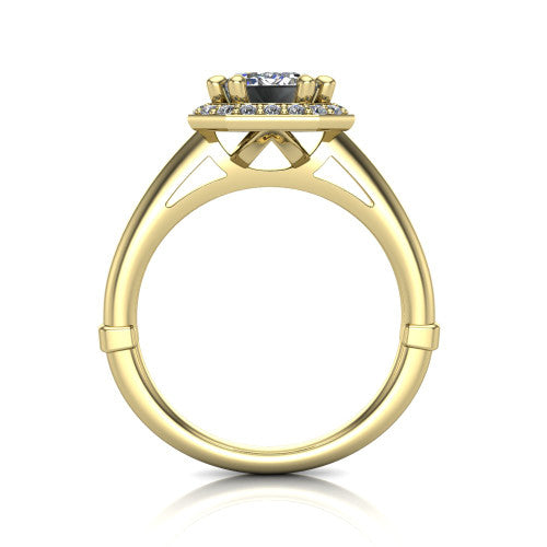 Journey emerald halo engagement ring in 14K Yellow Gold, through-finger front profile showing the halo head and the pierced cathedral gallery above a smooth band
