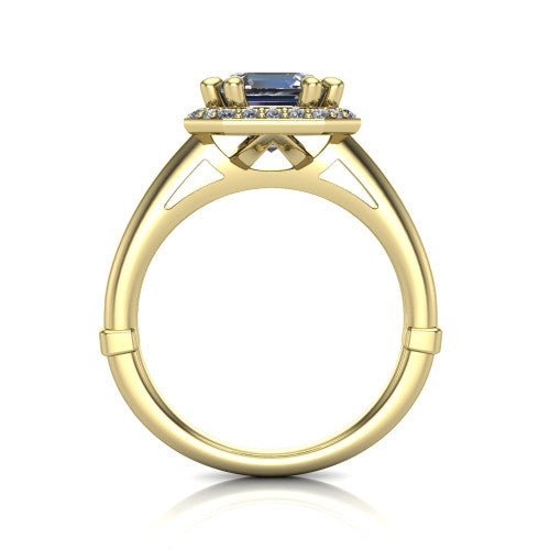 Journey square emerald halo engagement ring in 18K Yellow Gold, through-finger front profile showing the halo head and the pierced cathedral gallery above a smooth band