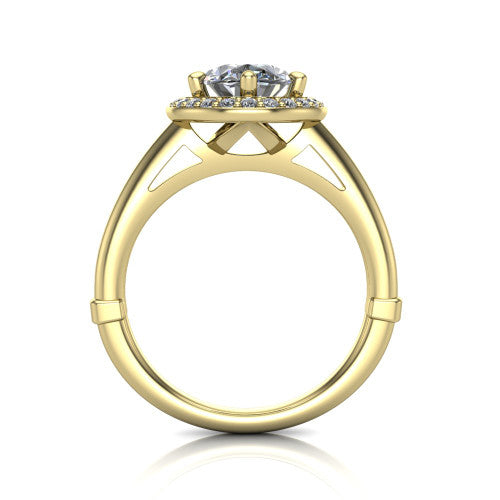 Journey oval halo engagement ring in 18K Yellow Gold, through-finger front profile showing the halo head and the pierced cathedral gallery above a smooth band