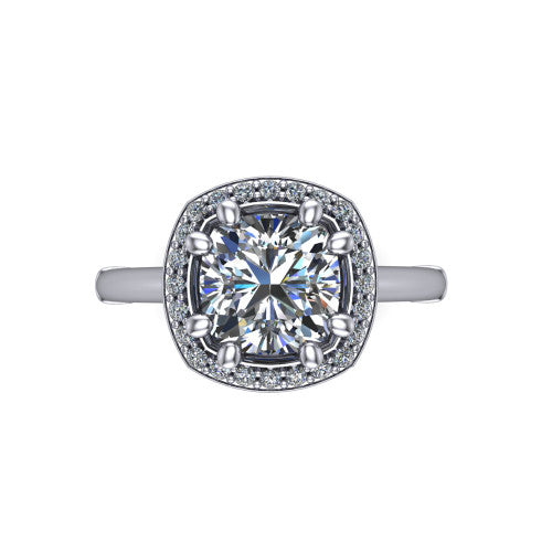 Journey cushion halo engagement ring in 18K White Gold, top-down view showing the center framed by a pav&eacute; halo with compass prongs