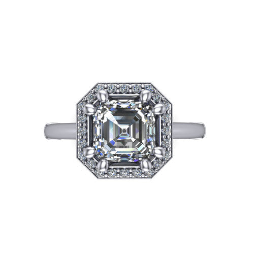 Journey square emerald halo engagement ring in Platinum, top-down view showing the center framed by a pav&eacute; halo with compass prongs