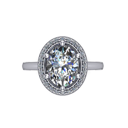 Journey oval halo engagement ring in 14K White Gold, top-down view showing the center framed by a pav&eacute; halo with compass prongs