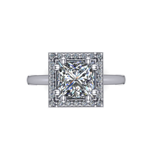 Journey princess halo engagement ring in 14K White Gold, top-down view showing the center framed by a pav&eacute; halo with compass prongs