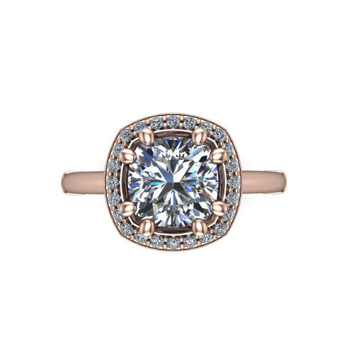 Journey cushion halo engagement ring in 14K Rose Gold, top-down view showing the center framed by a pav&eacute; halo with compass prongs