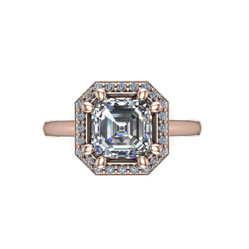 Journey square emerald halo engagement ring in 14K Rose Gold, top-down view showing the center framed by a pav&eacute; halo with compass prongs