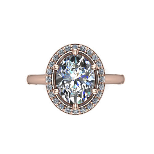 Journey oval halo engagement ring in 14K Rose Gold, top-down view showing the center framed by a pav&eacute; halo with compass prongs