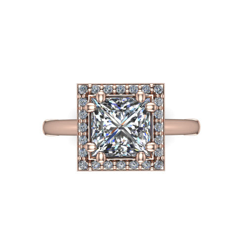 Journey princess halo engagement ring in 14K Rose Gold, top-down view showing the center framed by a pav&eacute; halo with compass prongs