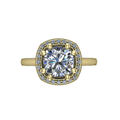 Journey cushion halo engagement ring in 14K Yellow Gold, top-down view showing the center framed by a pav&eacute; halo with compass prongs
