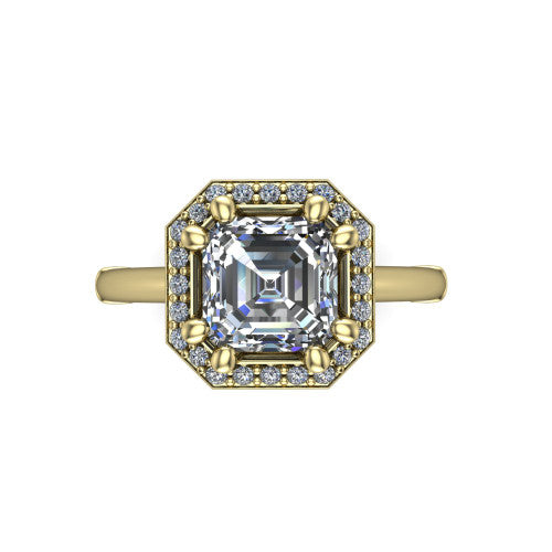 Journey square emerald halo engagement ring in 18K Yellow Gold, top-down view showing the center framed by a pav&eacute; halo with compass prongs