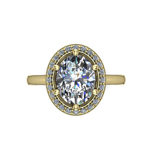 Journey oval halo engagement ring in 18K Yellow Gold, top-down view showing the center framed by a pav&eacute; halo with compass prongs
