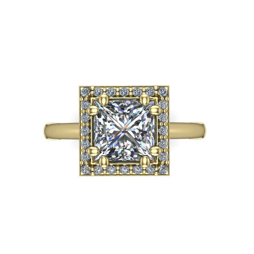 Journey princess halo engagement ring in 14K Yellow Gold, top-down view showing the center framed by a pav&eacute; halo with compass prongs