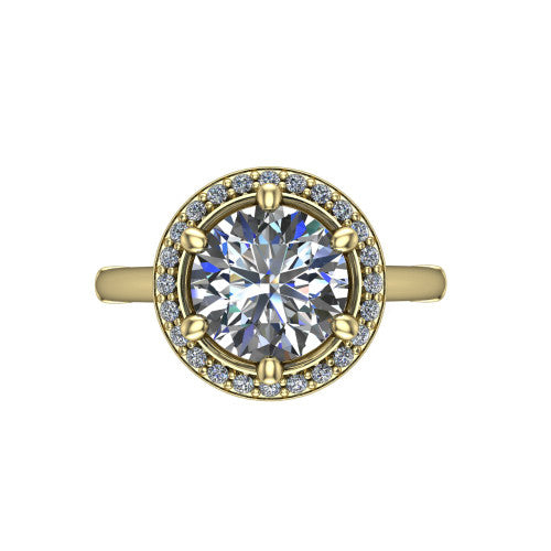 Journey round halo engagement ring in 18K Yellow Gold, top-down view showing the center framed by a pav&eacute; halo with compass prongs