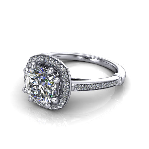 Alessandra cushion halo engagement ring in 14K White Gold, three-quarter perspective showing the haloed center raised above a slim pav&eacute; band