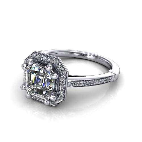 Alessandra square emerald halo engagement ring in Platinum, three-quarter perspective showing the haloed center raised above a slim pav&eacute; band