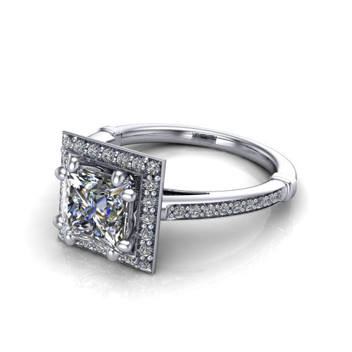 Alessandra princess halo engagement ring in 18K White Gold, three-quarter perspective showing the haloed center raised above a slim pav&eacute; band