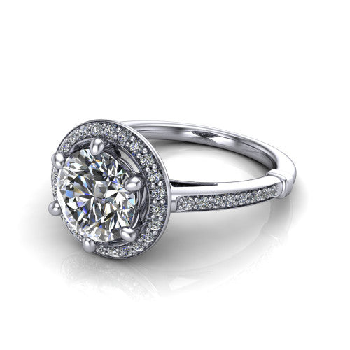 Alessandra round halo engagement ring in 18K White Gold, three-quarter perspective showing the haloed center raised above a slim pav&eacute; band