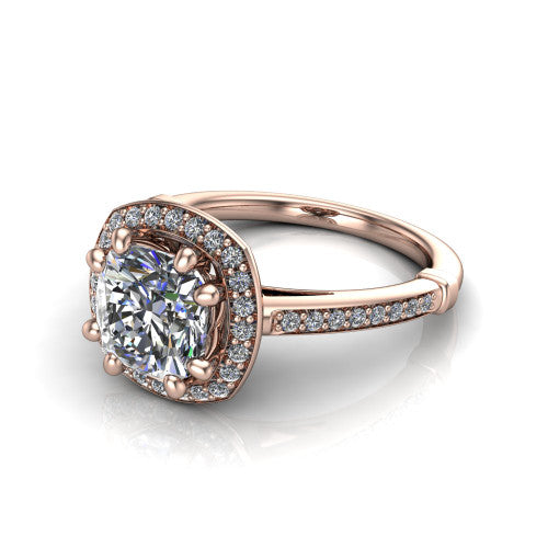 Alessandra cushion halo engagement ring in 14K Rose Gold, three-quarter perspective showing the haloed center raised above a slim pav&eacute; band