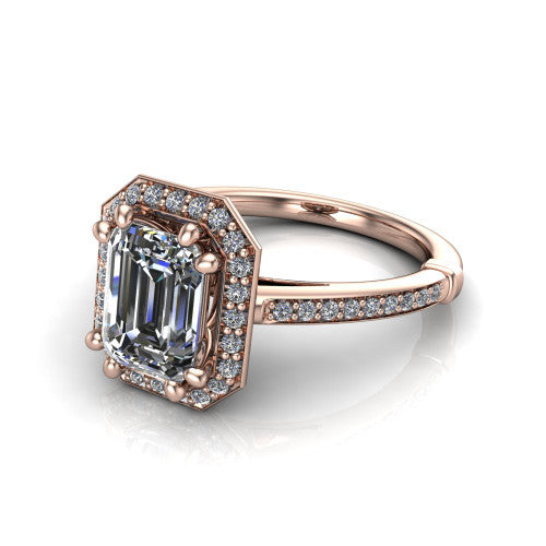 Alessandra emerald halo engagement ring in 18K Rose Gold, three-quarter perspective showing the haloed center raised above a slim pav&eacute; band