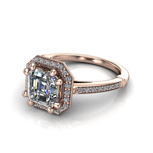 Alessandra square emerald halo engagement ring in 14K Rose Gold, three-quarter perspective showing the haloed center raised above a slim pav&eacute; band