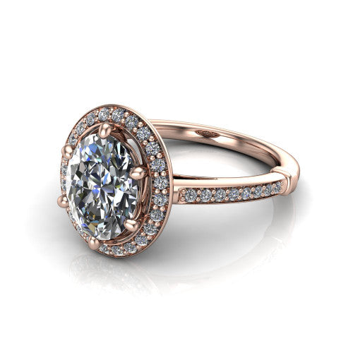 Alessandra oval halo engagement ring in 14K Rose Gold, three-quarter perspective showing the haloed center raised above a slim pav&eacute; band