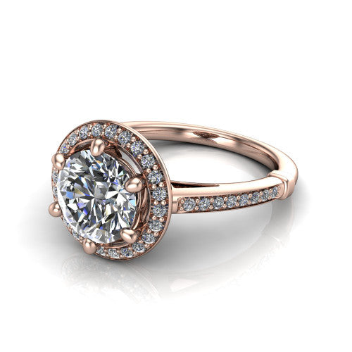 Alessandra round halo engagement ring in 14K Rose Gold, three-quarter perspective showing the haloed center raised above a slim pav&eacute; band