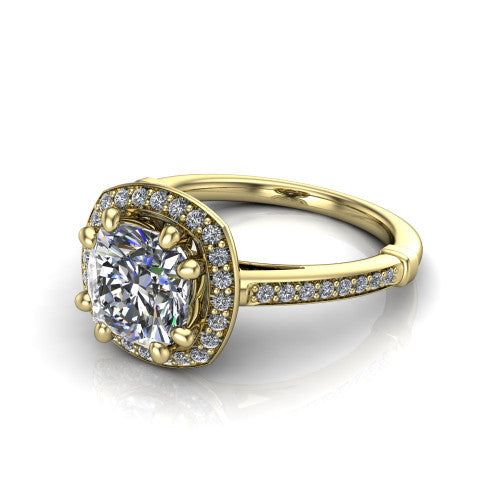 Alessandra cushion halo engagement ring in 18K Yellow Gold, three-quarter perspective showing the haloed center raised above a slim pav&eacute; band