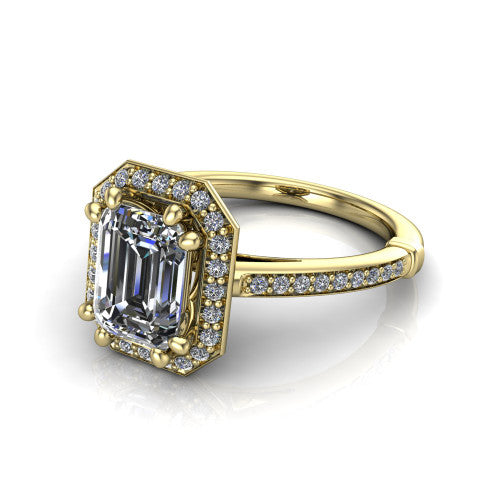 Alessandra emerald halo engagement ring in 14K Yellow Gold, three-quarter perspective showing the haloed center raised above a slim pav&eacute; band