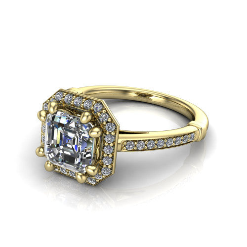 Alessandra square emerald halo engagement ring in 18K Yellow Gold, three-quarter perspective showing the haloed center raised above a slim pav&eacute; band