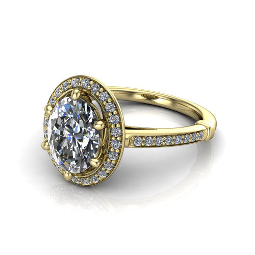 Alessandra oval halo engagement ring in 14K Yellow Gold, three-quarter perspective showing the haloed center raised above a slim pav&eacute; band
