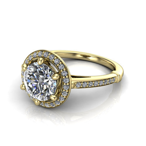Alessandra round halo engagement ring in 18K Yellow Gold, three-quarter perspective showing the haloed center raised above a slim pav&eacute; band