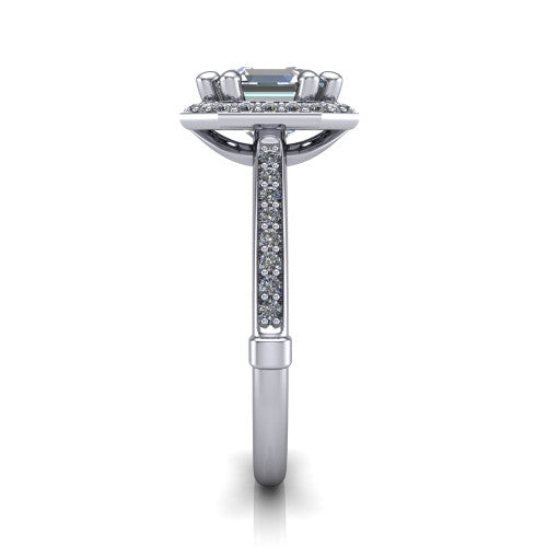 Alessandra square emerald halo engagement ring in 14K White Gold, side profile showing the pav&eacute; running down the band and the open cathedral gallery