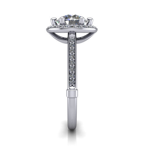 Alessandra round halo engagement ring in 18K White Gold, side profile showing the pav&eacute; running down the band and the open cathedral gallery