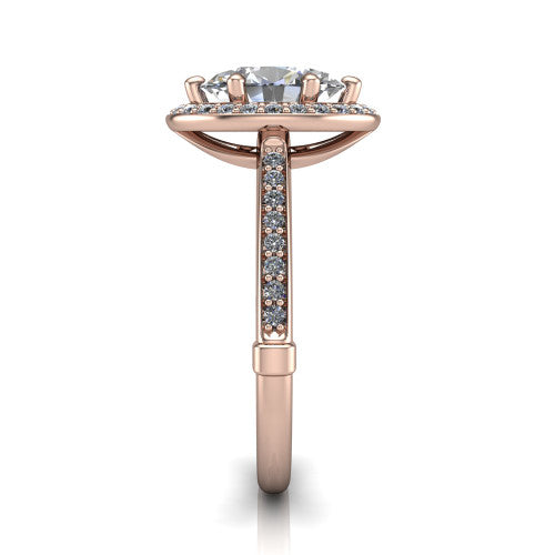 Alessandra oval halo engagement ring in 14K Rose Gold, side profile showing the pav&eacute; running down the band and the open cathedral gallery