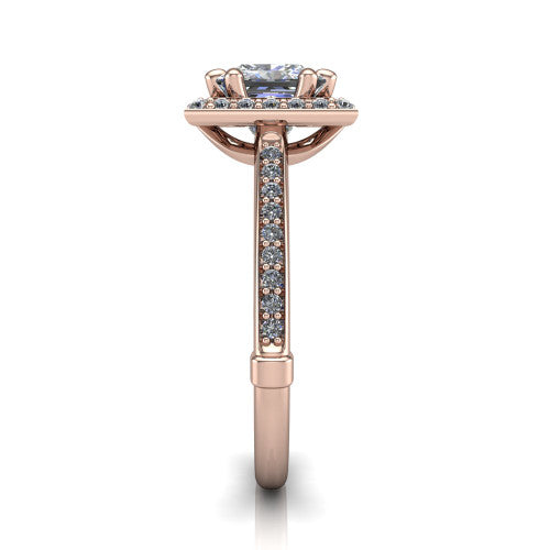 Alessandra princess halo engagement ring in 14K Rose Gold, side profile showing the pav&eacute; running down the band and the open cathedral gallery
