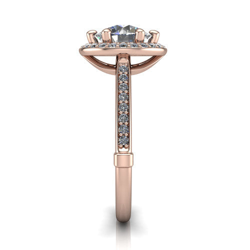 Alessandra round halo engagement ring in 14K Rose Gold, side profile showing the pav&eacute; running down the band and the open cathedral gallery