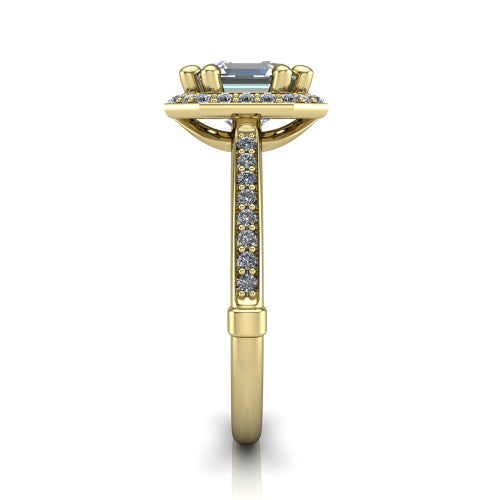 Alessandra square emerald halo engagement ring in 18K Yellow Gold, side profile showing the pav&eacute; running down the band and the open cathedral gallery