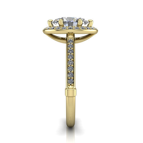 Alessandra oval halo engagement ring in 14K Yellow Gold, side profile showing the pav&eacute; running down the band and the open cathedral gallery