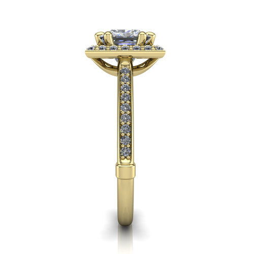 Alessandra princess halo engagement ring in 18K Yellow Gold, side profile showing the pav&eacute; running down the band and the open cathedral gallery