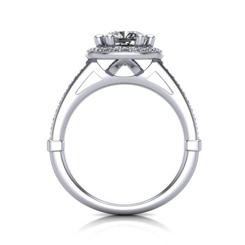 Alessandra cushion halo engagement ring in 14K White Gold, through-finger front profile showing the halo head raised above the pav&eacute; band and cathedral shoulders