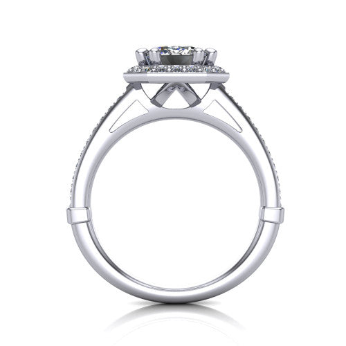 Alessandra emerald halo engagement ring in 18K White Gold, through-finger front profile showing the halo head raised above the pav&eacute; band and cathedral shoulders