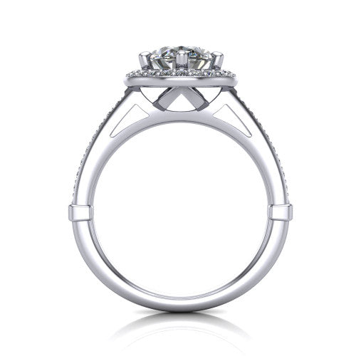 Alessandra oval halo engagement ring in 14K White Gold, through-finger front profile showing the halo head raised above the pav&eacute; band and cathedral shoulders