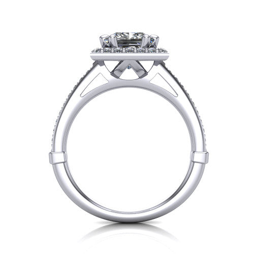 Alessandra princess halo engagement ring in Platinum, through-finger front profile showing the halo head raised above the pav&eacute; band and cathedral shoulders