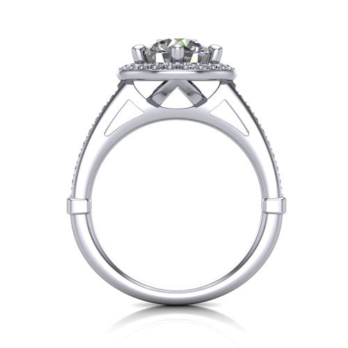 Alessandra round halo engagement ring in 18K White Gold, through-finger front profile showing the halo head raised above the pav&eacute; band and cathedral shoulders