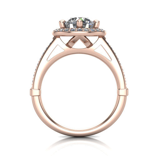 Alessandra round halo engagement ring in 14K Rose Gold, through-finger front profile showing the halo head raised above the pav&eacute; band and cathedral shoulders