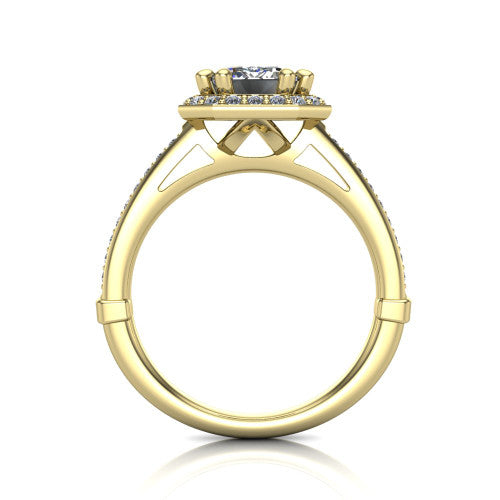 Alessandra emerald halo engagement ring in 14K Yellow Gold, through-finger front profile showing the halo head raised above the pav&eacute; band and cathedral shoulders