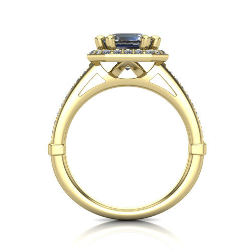 Alessandra square emerald halo engagement ring in 14K Yellow Gold, through-finger front profile showing the halo head raised above the pav&eacute; band and cathedral shoulders
